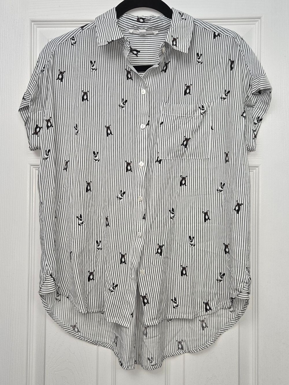 Jane+Delancey French Bulldog Stripe Short Sleeve Button Up Shirt Small Frenchie